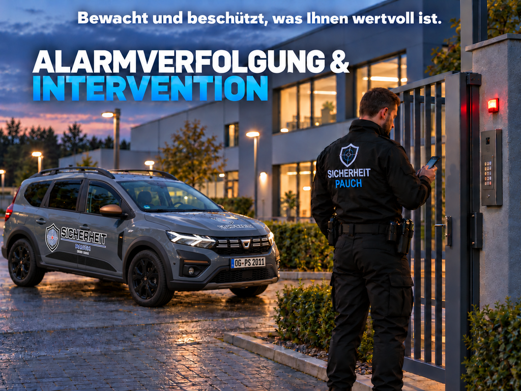 Sicherheitsmitarbeiter bei der Alarmverfolgung und Intervention mit grauem Dienstfahrzeug von Sicherheit Pauch vor einem bewachten Firmengebäude.