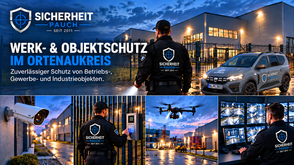 Sicherheit Pauch beim Werk- und Objektschutz im Ortenaukreis mit Sicherheitsmitarbeitern, grauem Dienstfahrzeug, Videoüberwachung, Zugangskontrolle und Drohne.